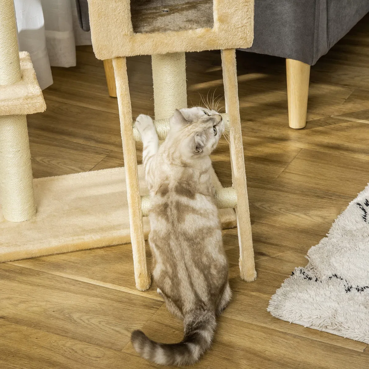 PawHut Albero Tiragraffi per Gatti Multilivello con Amaca e Casetta, Corde in Sisal Naturale, Beige, Altezza 98cm