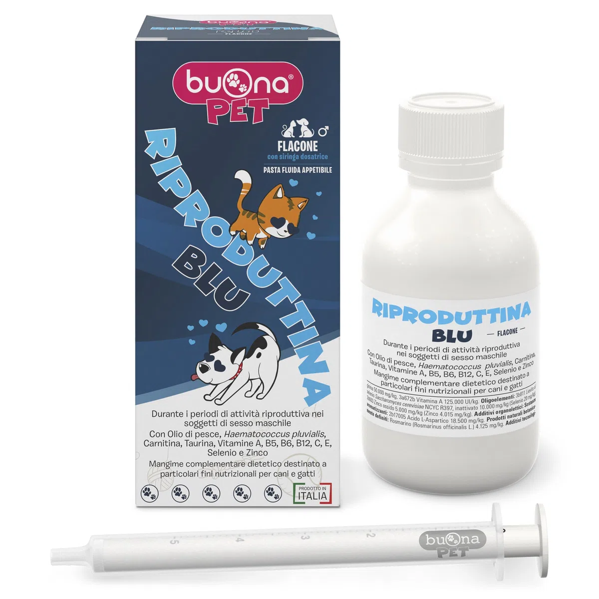 Buona Pet Riproduttina Blu Flacone Integratore Cane e Gatto per Supporto Riproduttivo Pasta Fluida Appetibile nei Soggetti Maschi Vitamine Per Cani e Gatti Maschi Complesso Multivitaminico