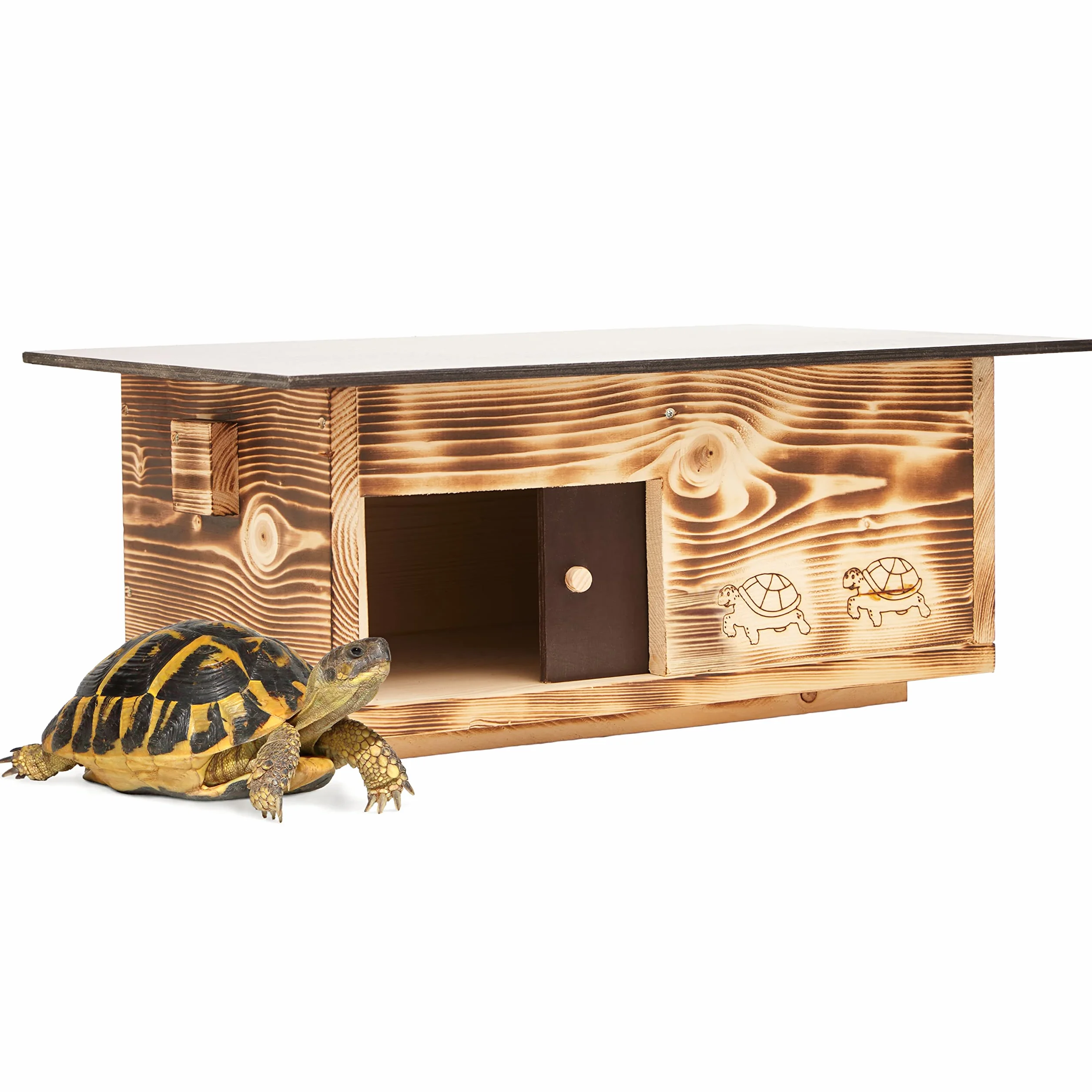 Casetta per tartarughe di alta qualità, in legno massiccio da 20 mm (SH4), resistente alle intemperie, con fondo e porta scorrevole, ventilazione regolabile, per tartarughe, ruota libera