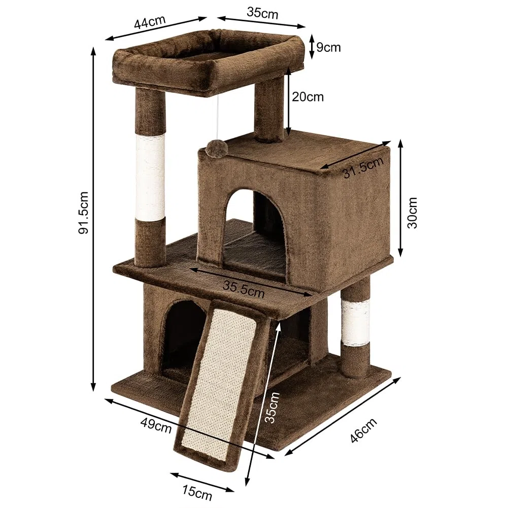 BAKAJI Albero Tiragraffi per Gatto con 3 Cucce Rifugio e 1 Pallina, Graffiatoio Animali Domestici Imbottito e Morbido Gioco Giocattolo, Centro Attività Multilivello Rampicante Altezza 91.5cm (Marrone)