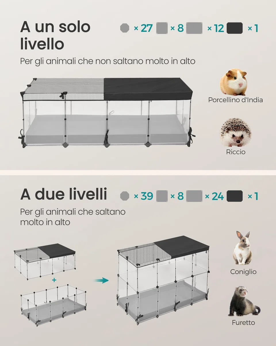 SONGMICS Parco recinto, recinto per piccoli animali, pannelli semi-trasparenti, tela traspirante, tappeto impermeabile, per coniglio, riccio, porcellino d'India, Furetto, 144 x 74 x 47 cm, bianco