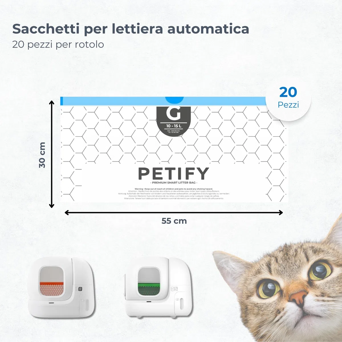 Sacchetti per lettiera autopulente per gatti compatibili con Petkit Pura Max 2 e Pura X – 5 rotoli (100 sacchetti resistenti con laccetto) | Codice G | Eco Pack con dispenser integrato