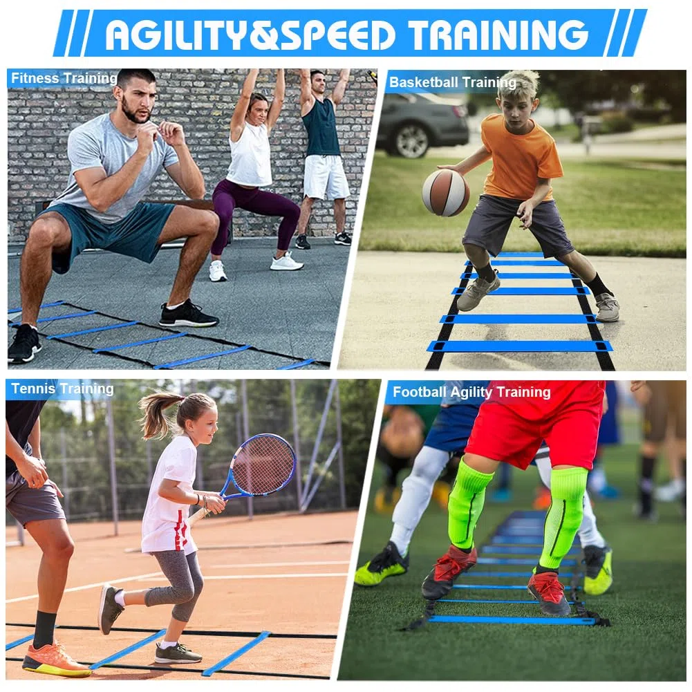 Attrezzatura per allenamento calcio per bambini, set di allenamento per agilità e velocità, scala di agilità 12 pioli 6 m, allenatore per calci, 12 coni a disco, kit per allenamento calcio