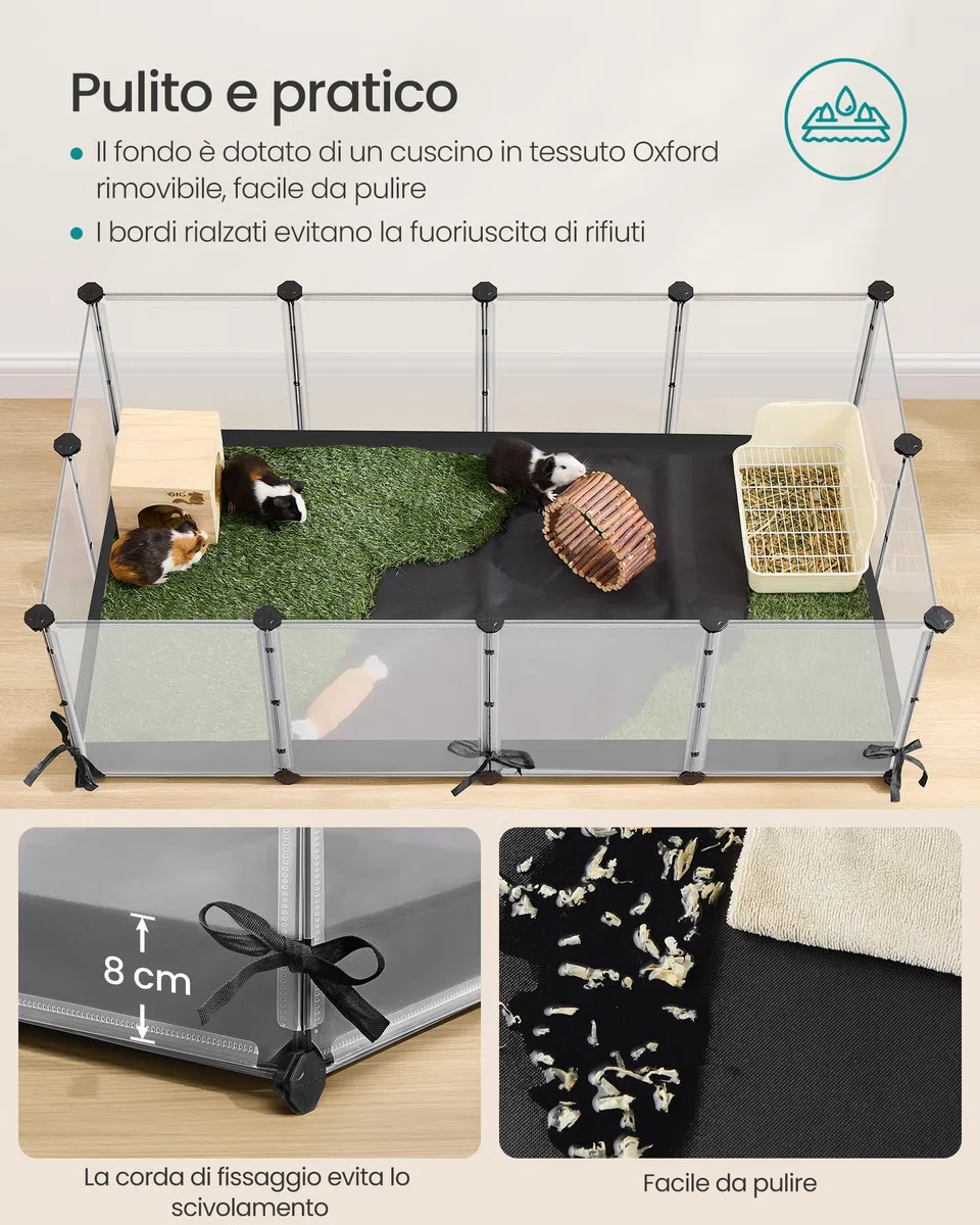 SONGMICS Parco recinto, recinto per piccoli animali, pannelli semi-trasparenti, tela traspirante, tappeto impermeabile, per coniglio, riccio, porcellino d'India, Furetto, 144 x 74 x 47 cm, bianco