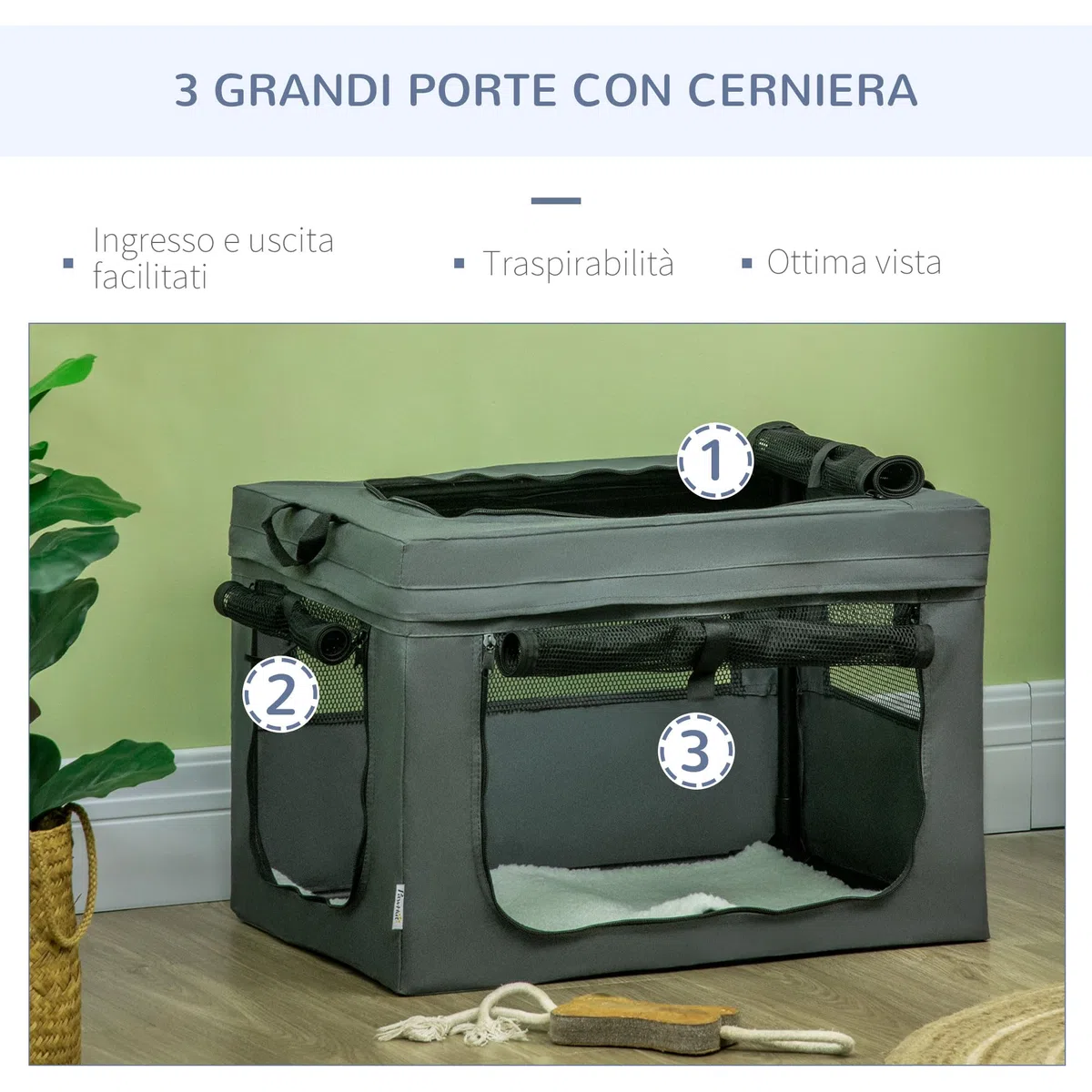 PawHut Trasportino Morbido per Cani Mini e Gatti, Trasportino Cuccia da Viaggio con Cuscino Rimovibile, Sacca di Trasporto e Porte in Rete Traspiranti, 60x42x42 cm, Grigio