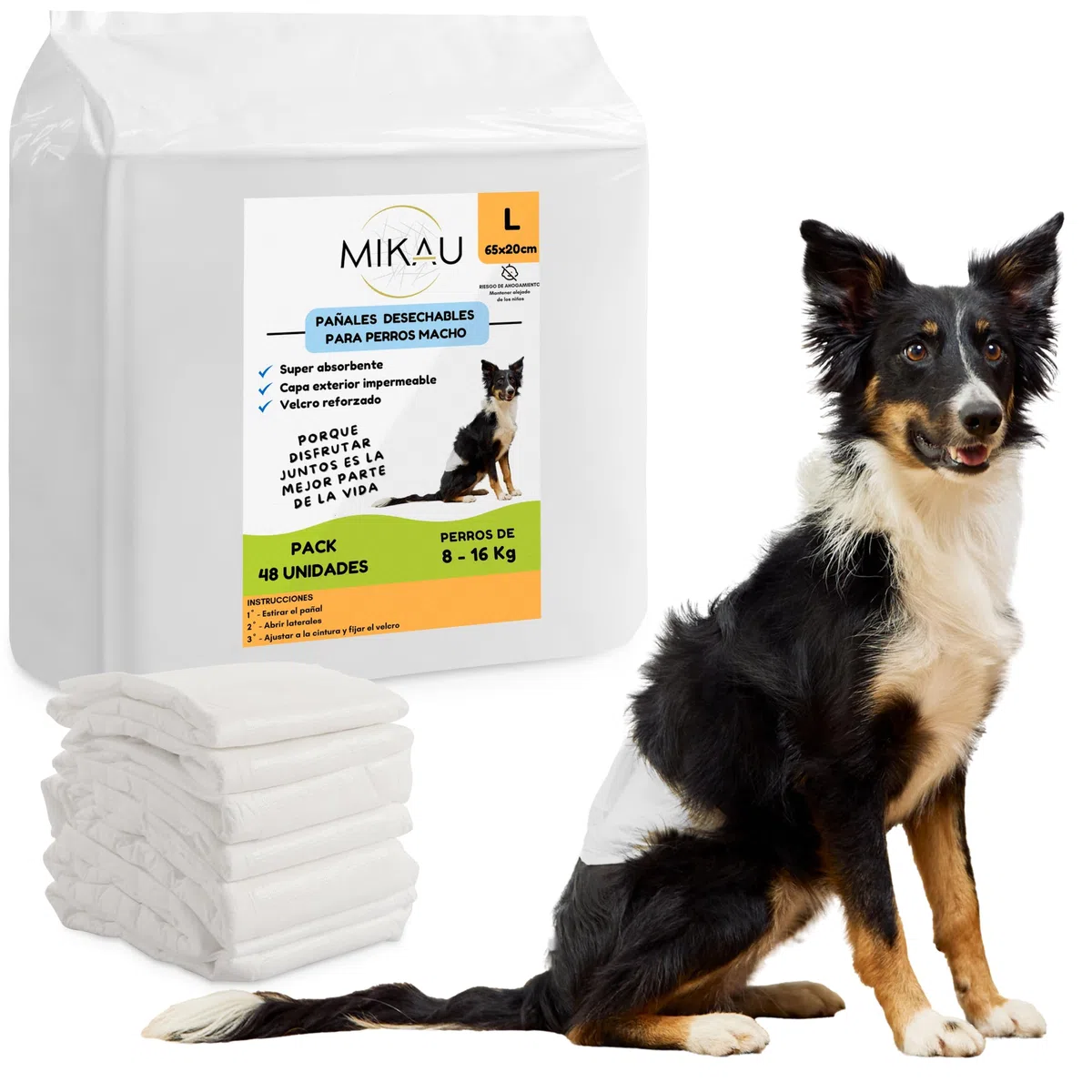 MIKAU - Pannolini per cani maschi ultra assorbenti (confezione da 48), vestibilità anti-perdite, comodi e resistenti, facile da posizionare. Incluso il rotolo del sacchetto per la cacca