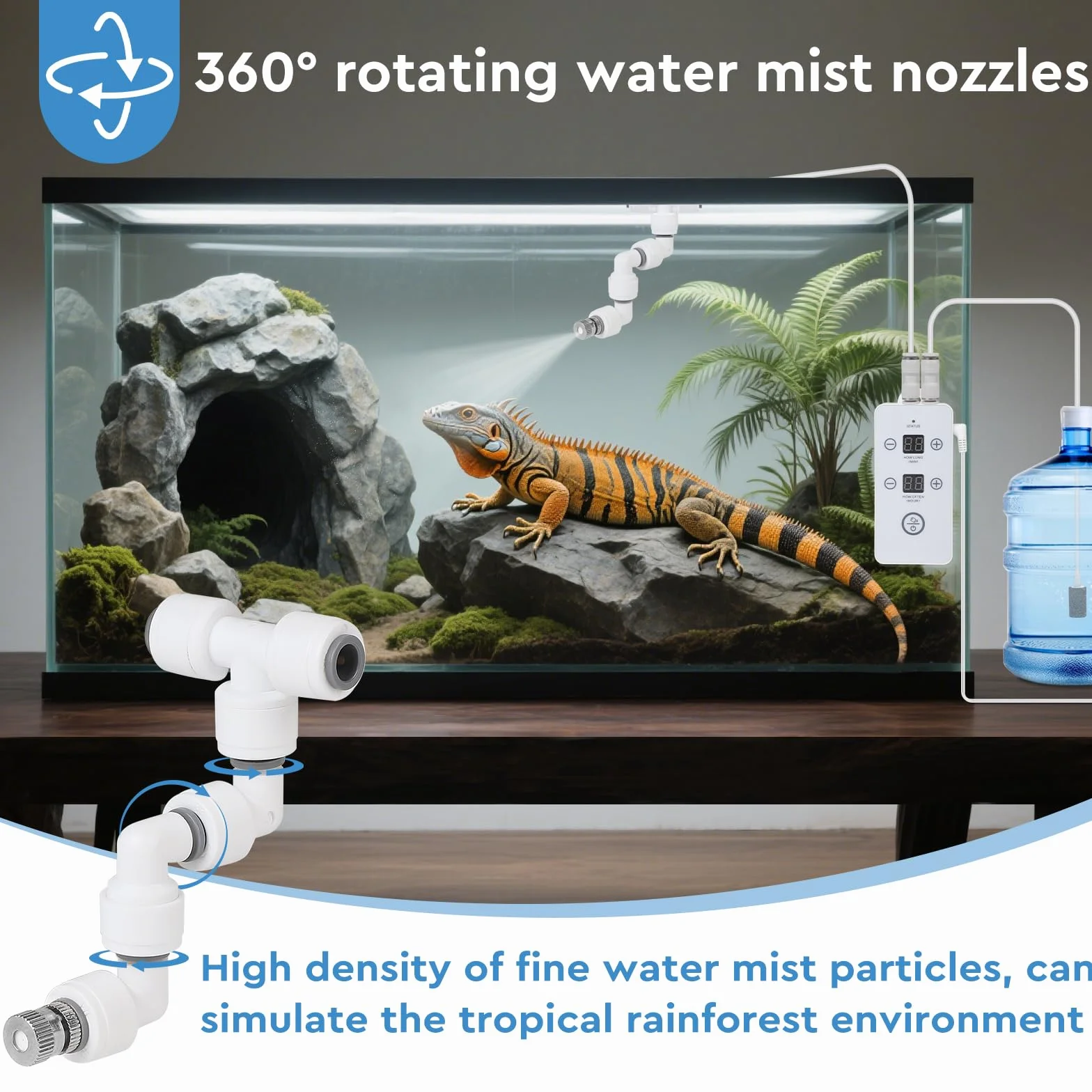 CPROSP Sistema di Nebulizzatore per Terrario Rettili, Umidificatore per Rettili Automatico con Timer e Rotazione Regolabile a 360°, Umidificatore per Terrario o Fiori di Piante