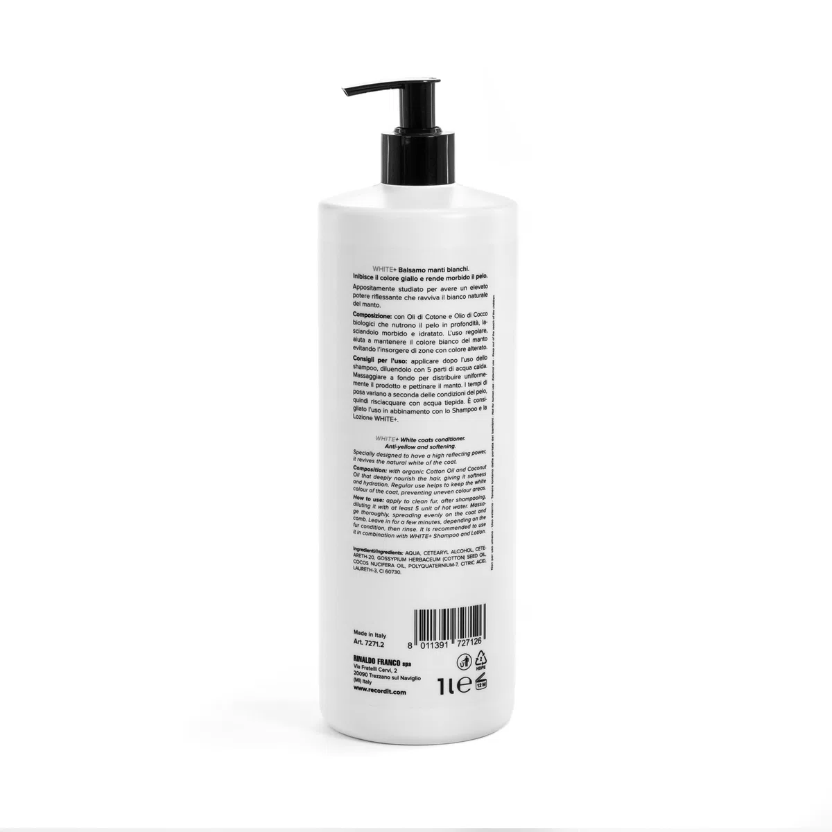 Record Charme White+ Balsamo Idratante per Cani, per Manti Bianchi. Conditioner professionale per cani con Olio di Cotone e di Cocco con azione sbiancante anti-giallo, Made in Italy da 1L