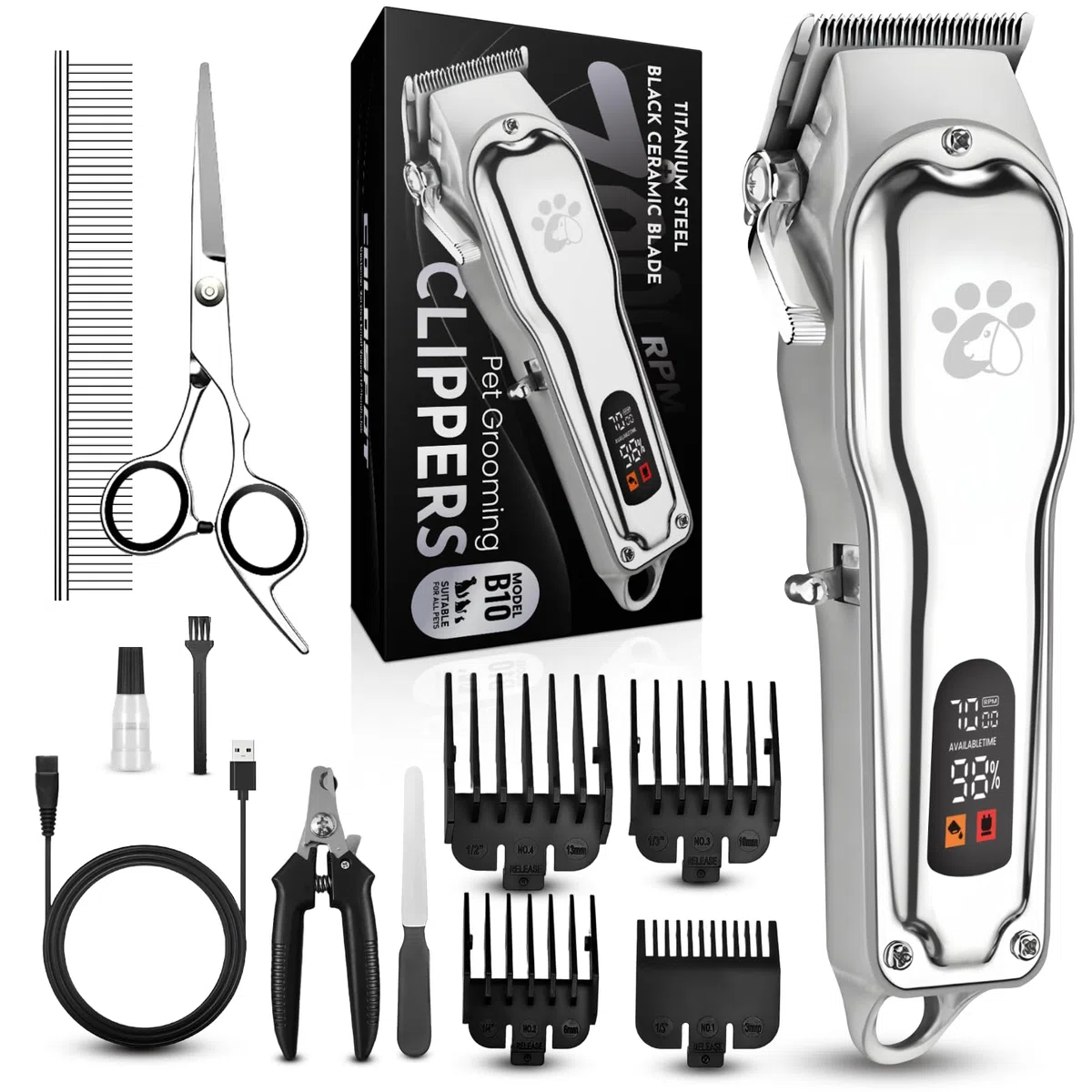 Tosatrice professionale per cani per capelli spessi, corpo interamente in metallo, lama in ceramica nera, display a LED, kit per toelettatura cani senza fili ricaricabile a basso rumore