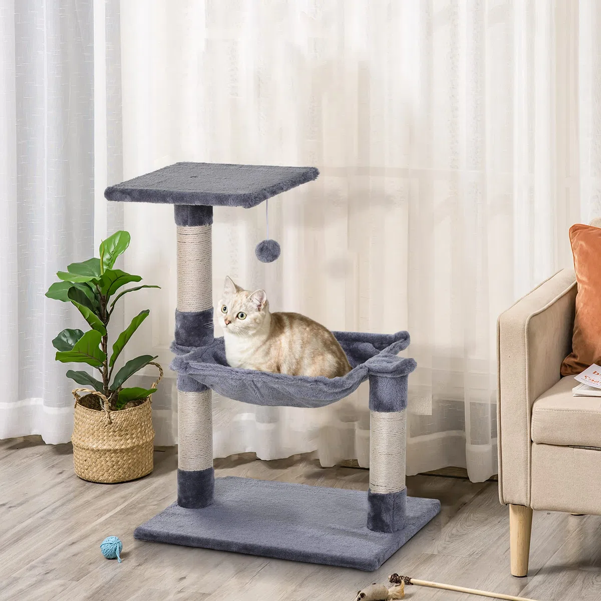 PawHut Albero Tiragraffi per Gatti Multilivello, Gioco per Gatti con Amaca e Pallina Appesa in Legno e Peluche, 50x36x70cm, Grigio