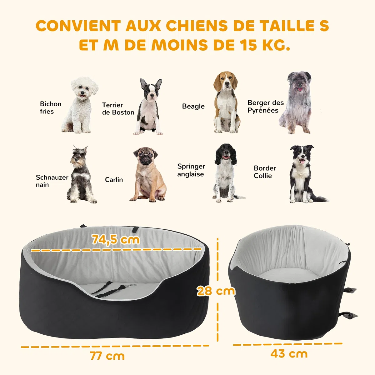 PawHut Seggiolino per cani con cintura di sicurezza e attacco, comodo seggiolino imbottito per cani fino a 15 kg, trasportino rimovibile, nero