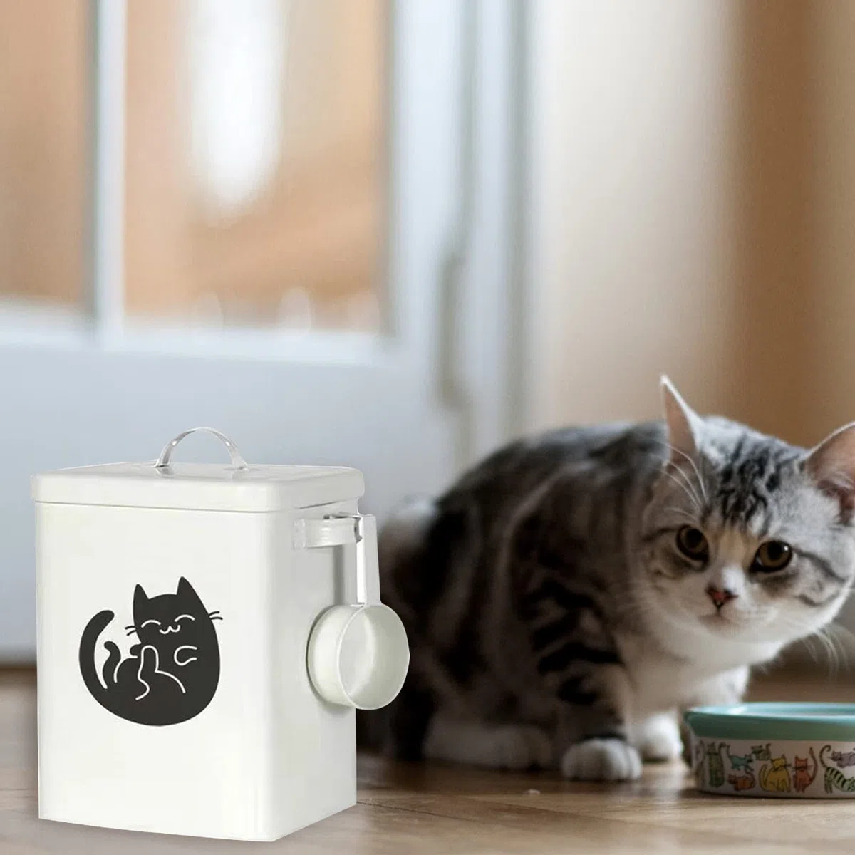 Contenitore per alimenti per cani e gatti, secchio per alimenti per animali domestici con coperchio e manico, barattolo per cibo per gatti, barili sigillati a prova di umidità, bianco