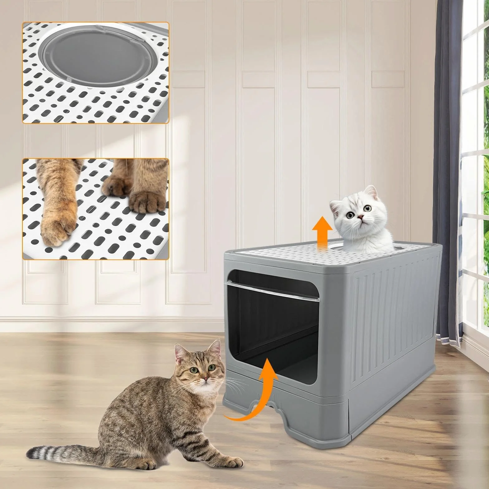 Lettiera Gatto Chiusa Grande Antiodore, Toilette per Gatti, Cassetta Gatto, Lettiere per Gatti Chiuse, Lettiera con Cassetto Setaccio, con Paletta (Grigio)