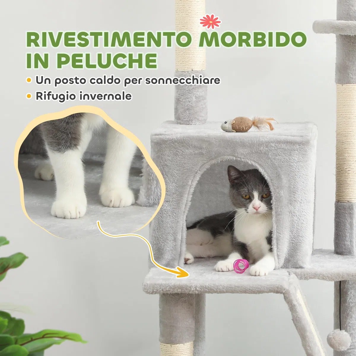 PawHut Albero Tiragraffi per Gatti Adulti a Soffitto con Altezza Regolabile 225-255 cm, Torre per Gatti Multilivello con Piattaforme, Casetta, Amaca, Palline e Pali in Sisal per Interno, Grigio Chiaro