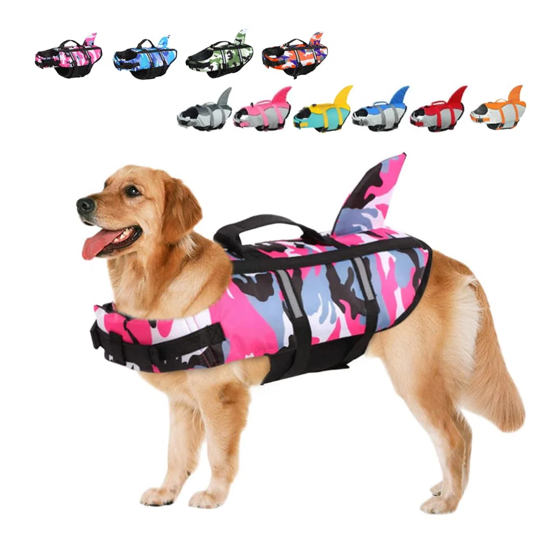 Giubbotti Di Salvataggio Per Cani Giubbotto Squalo Salvagente Per Animali Domestici Salvagente Gilet con Manico e Riflettente Per Cani Piccoli, Medi e Grandi, Taglia Regolabile Mimetico Rosa XS