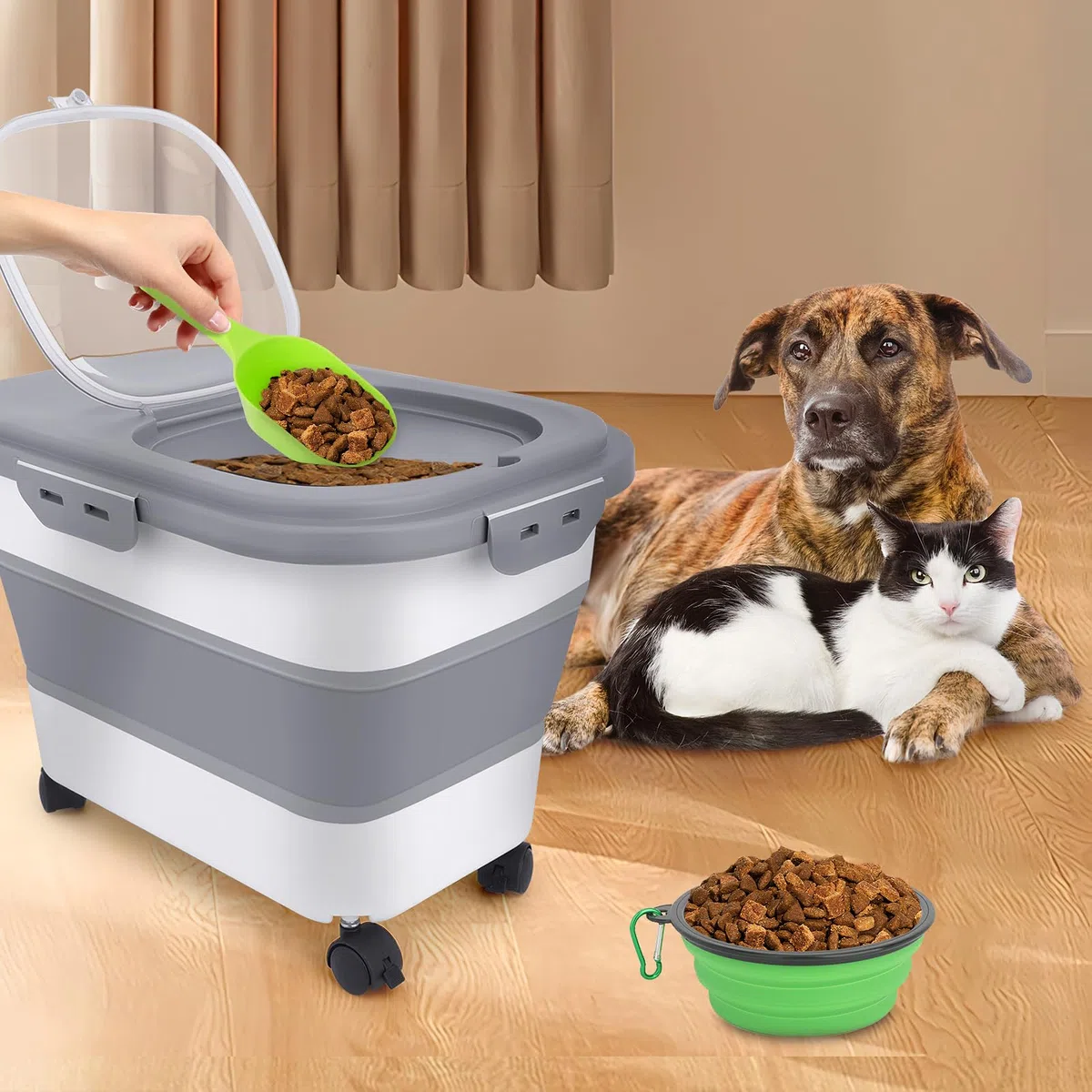 Porta Crocchette per Cani Gatto Contenitore Pieghevole Ermetico 7-10kg con Ciotola Cane Ruota Misurino e Pala