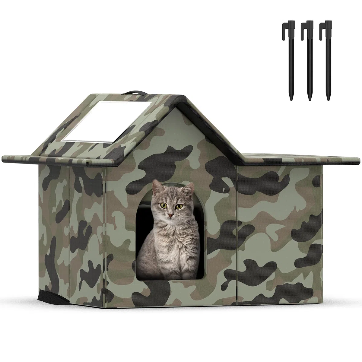 Casetta per gatti da esterno resistente alle intemperie, ampia casetta gatti selvatici per l'inverno, rifugio pieghevole gatto da esterno con porta e morbido tappetino, facile da montare