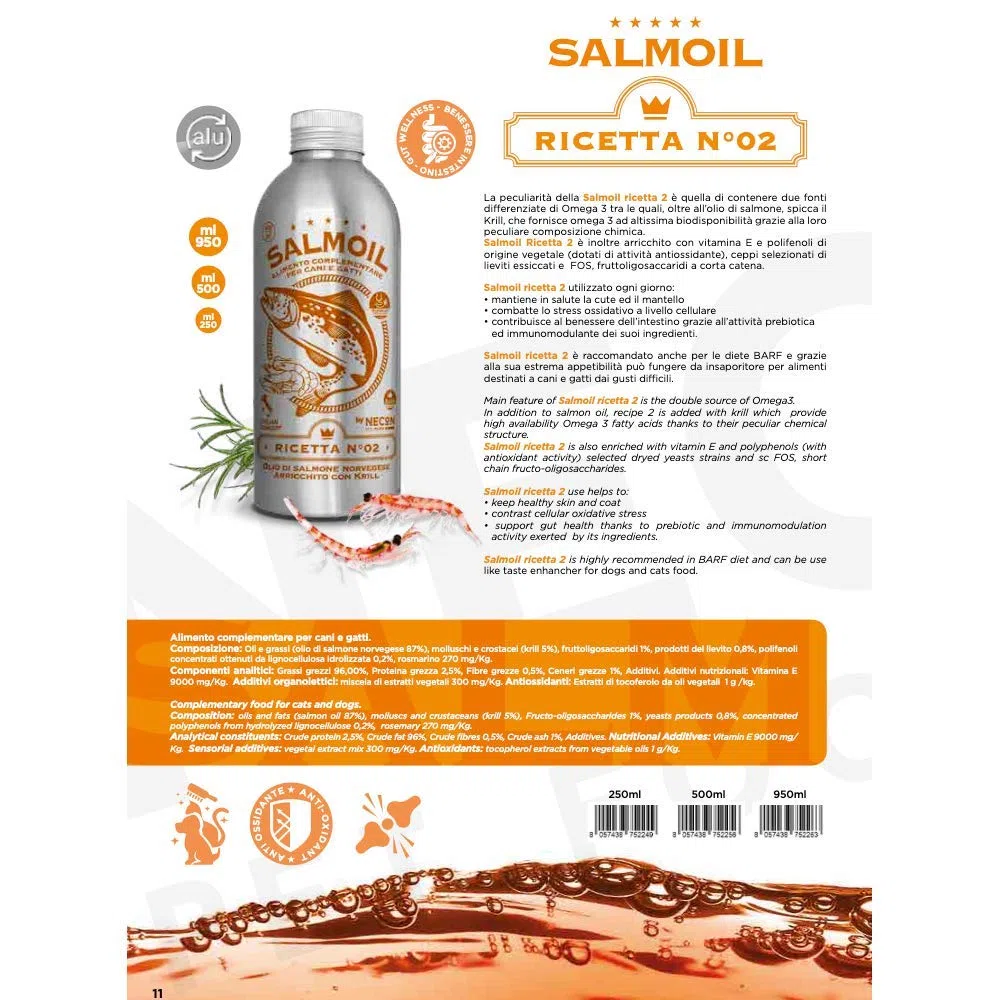 Salmoil Ricetta 2 Alimento Complementare per Cani e Gatti a Base di Olio di Salmone Norvegese e Krill - 950 ml