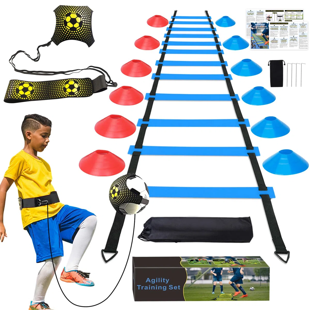 Attrezzatura per allenamento calcio per bambini, set di allenamento per agilità e velocità, scala di agilità 12 pioli 6 m, allenatore per calci, 12 coni a disco, kit per allenamento calcio