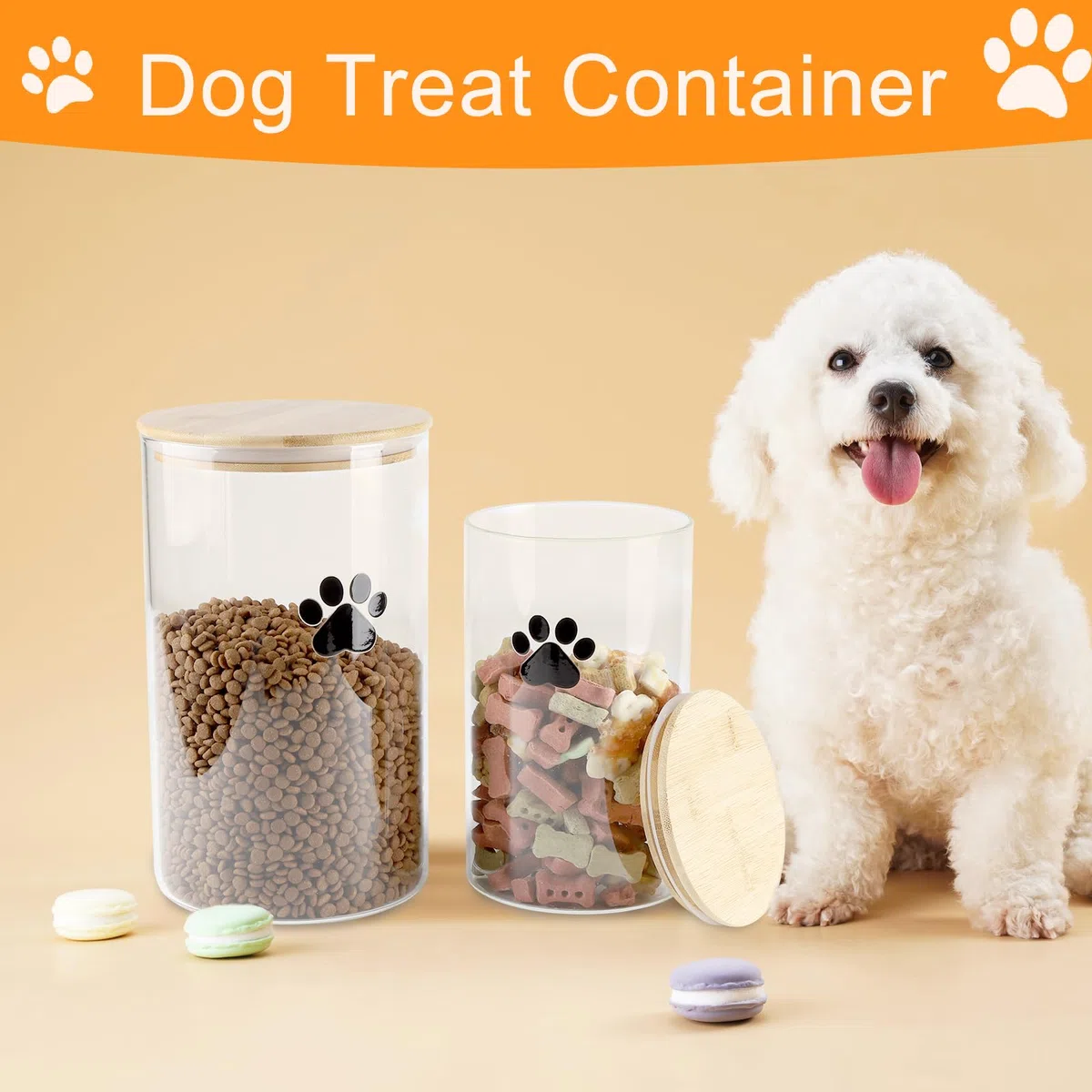 Geyecete Set di 2 Contenitore Crocchette Cani,4L + 2L Contenitore Vetro per Cibo Snack Per Cane Gatti,con Coperchio,Trasparente Contenitore per Biscotti Cane