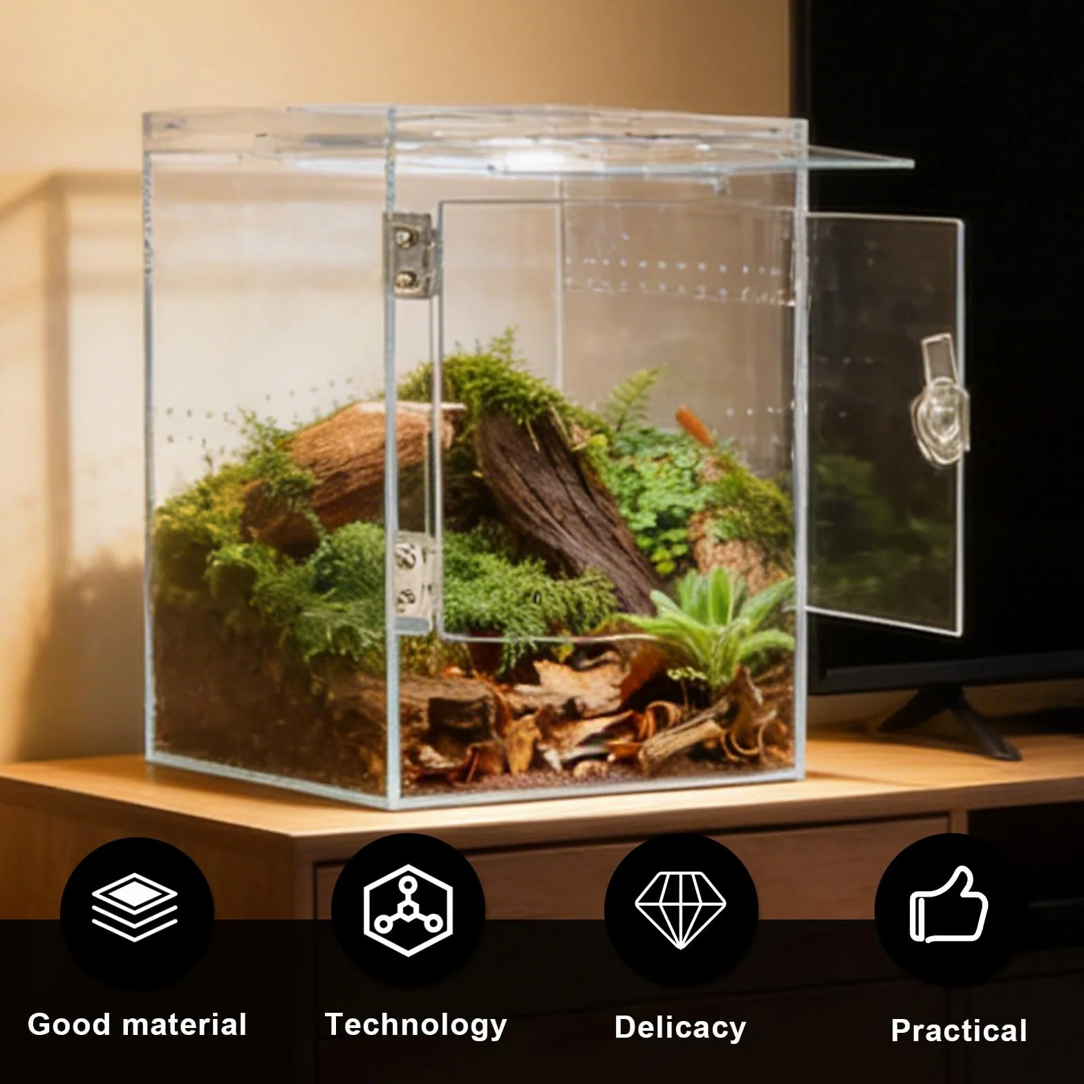 Recinzione per ragni per saltare, 15 x 15 x 23 cm, in acrilico, terrario, rettangolo a 360°, in vetro rettangolare con porta laterale, per serpente, rana, insetto, tarantola, granchio eremita
