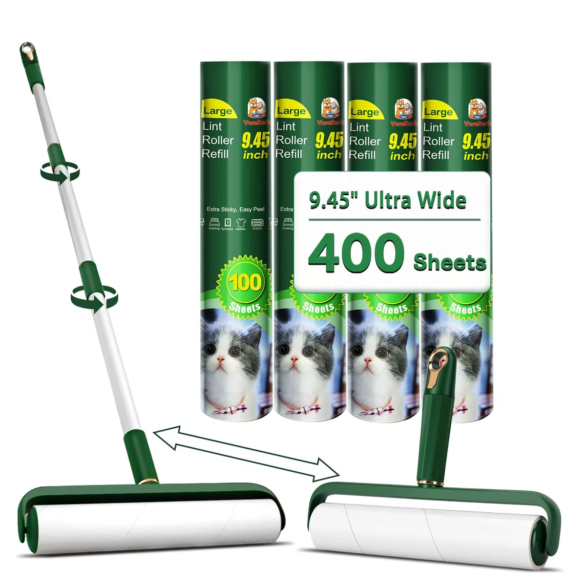 Rulli grandi per peli di animali domestici, extra adesivi, 400 fogli di ricarica con manico lungo, rullo gigante per pelucchi da 24 cm, per pavimenti, mobili e proprietari di animali domestici (verde)