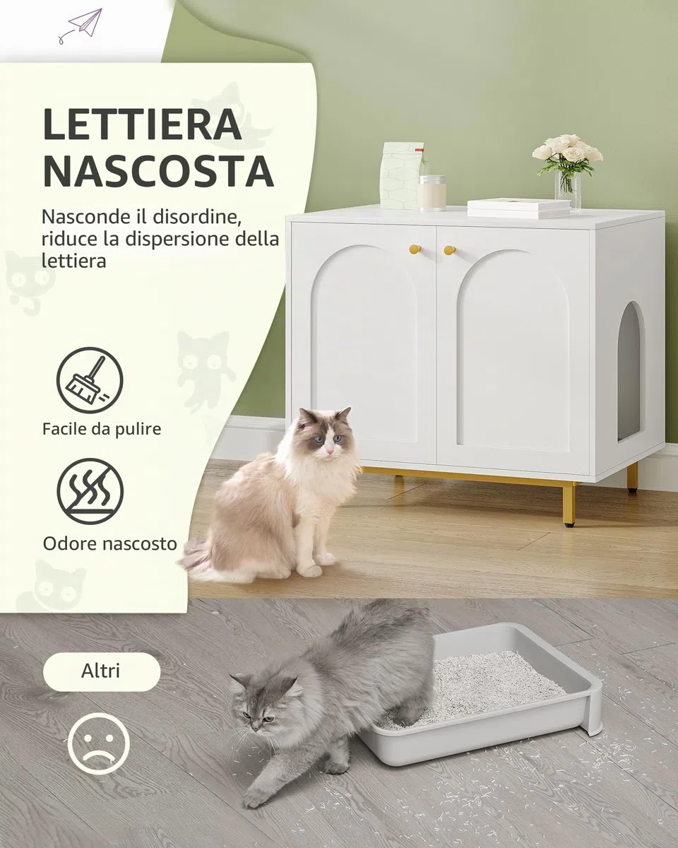 Hzuaneri Casa Della Toilette Per Gatti, Mobile Nascosto, Tavolino in Legno per Animali Domestici, Panca per Armadietto, Adatto Alla Maggior Parte dei Gatti, 80 x 55 x 70 cm, Bianco e Oro CB85003G