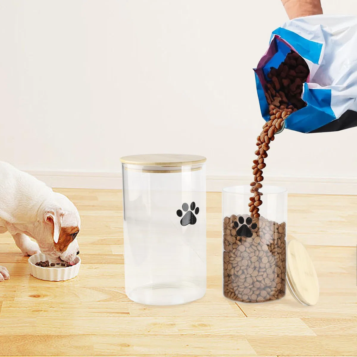 Geyecete Set di 2 Contenitore Crocchette Cani,4L + 2L Contenitore Vetro per Cibo Snack Per Cane Gatti,con Coperchio,Trasparente Contenitore per Biscotti Cane