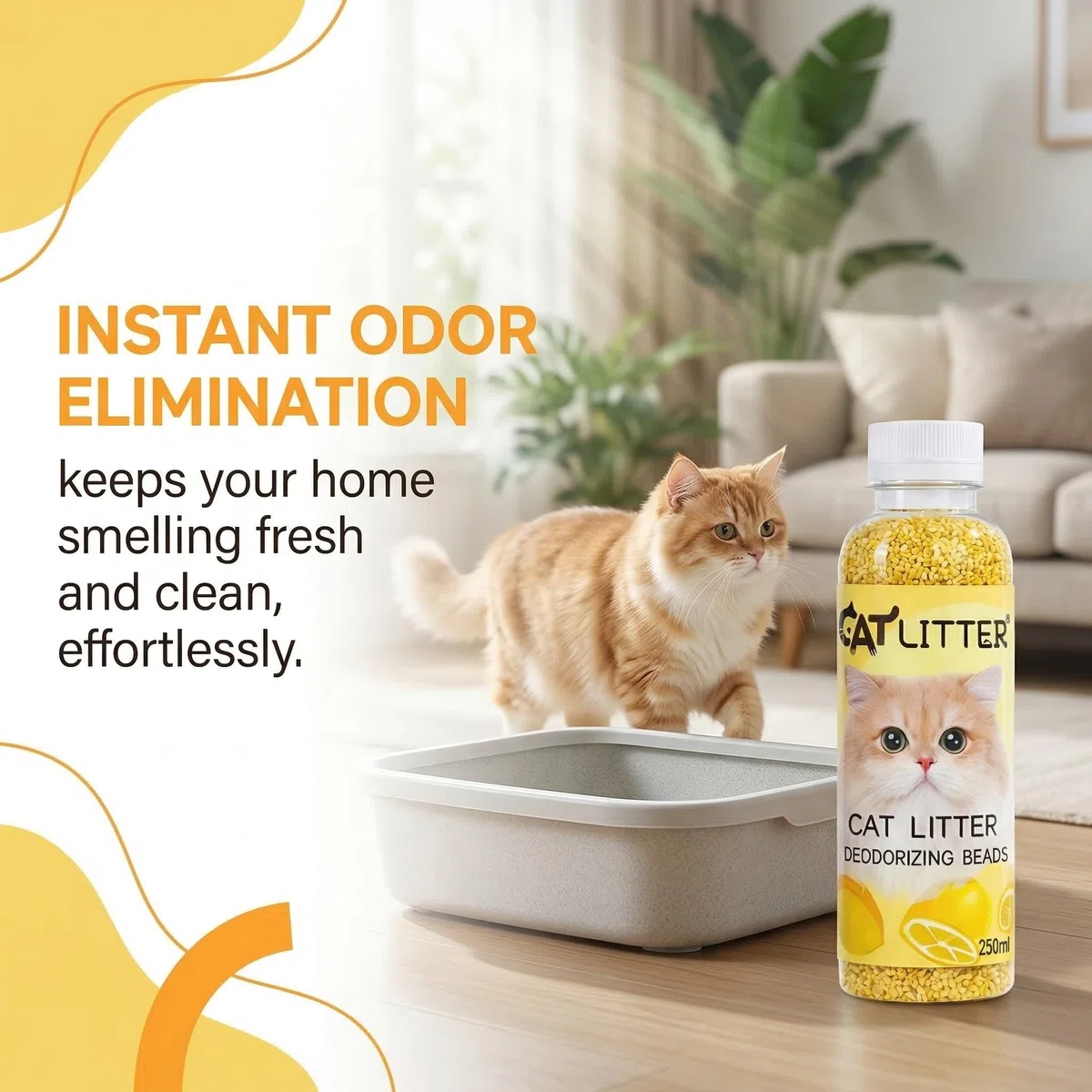 Deodorante per Lettiera per Gatti al Limone, Perle Deodoranti Naturali per Eliminazione Odori, Neutralizzatore di Ammoniaca a Lunga Durata, Additivo per Lettiere Gatti Freschezza 250ml