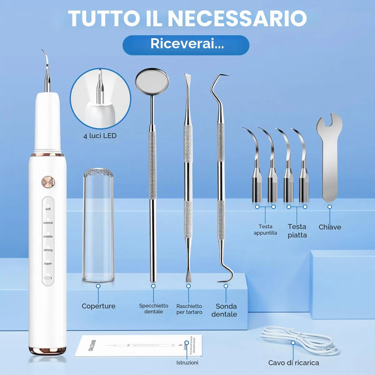 Rimozione del tartaro ad ultrasuoni Kit di pulizia dentale ad ultrasuoni per cani pulitore dentale per animali domestici 5 modalità regolabili per gatti strumenti di pulizia dei denti rimozione del