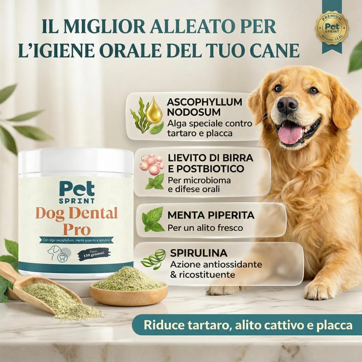 Dog Dental PRO Polvere Pulizia Denti Cane con Ascophyllum Nodosum, Spirulina e Menta Piperita, Supporta Igiene Orale Senza Spazzolino, Alito Fresco, Integratore Naturale per Cani, Marca Italiana