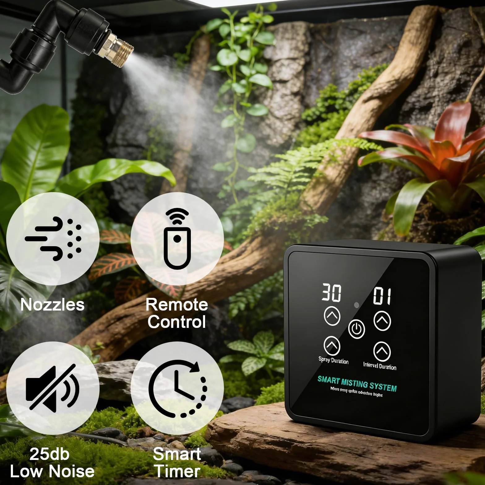 Umidificatore Rettile, Sistema di Spruzzatura Intelligente Rettile Con Telecomando, Sistema Nebbia Rettile, Atomizzatore Automatico Rotabile A 360° Per Rettili Per Anfibi/Herps/Erbe