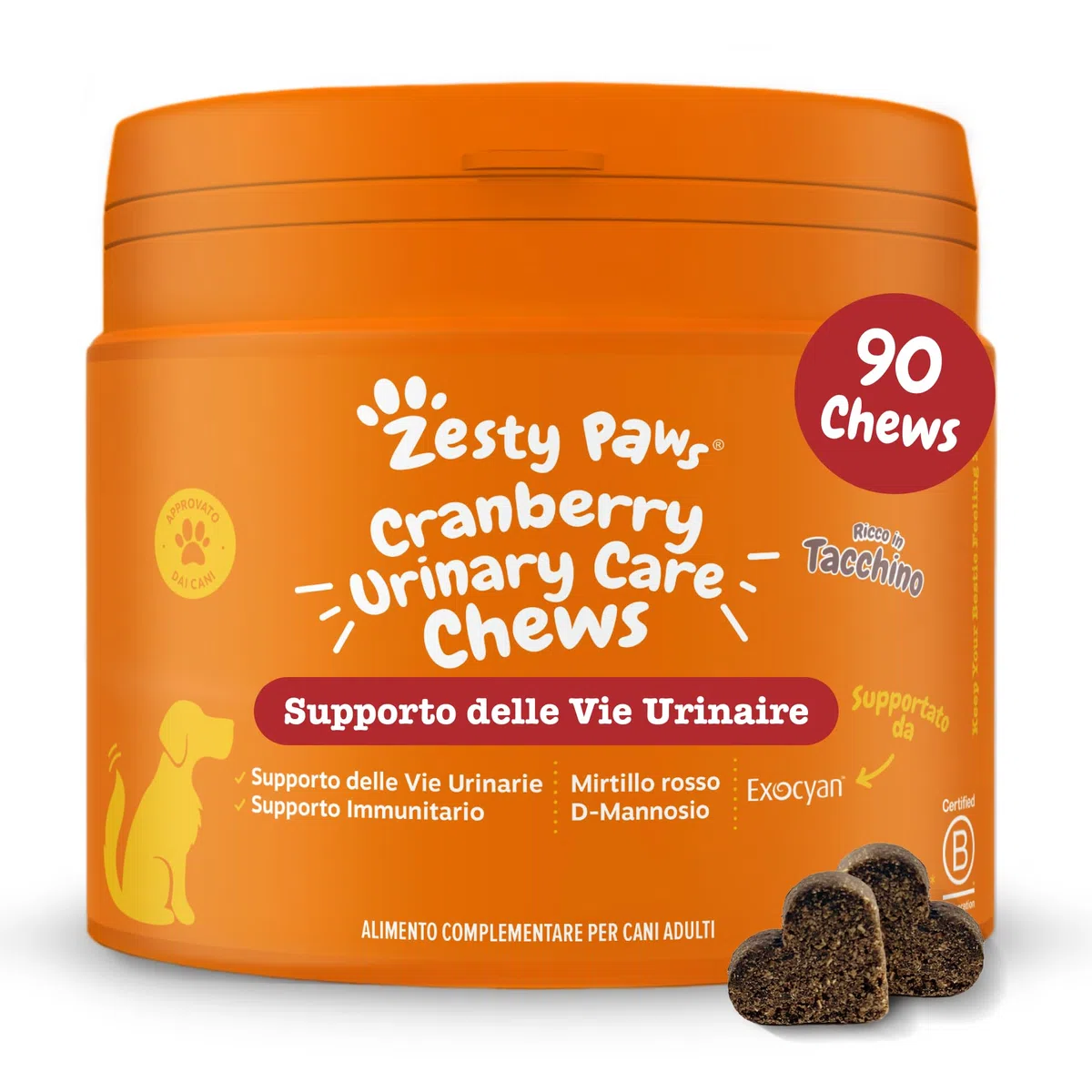 Zesty Paws Cranberry Urinary Care | Supporto delle Vie Urinarie | Integratori per Cani | D-mannosio, vitamina B6 e Exocyan | Alimento Complementare per Cani Adulti | Gusto Tacchino | 90 Pezzi