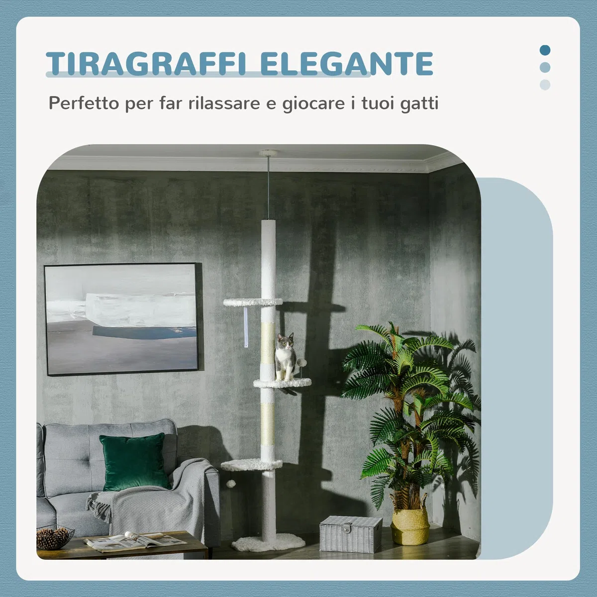 PawHut Albero Tiragraffi a Soffitto con Altezza Regolabile, Torre per Gatti Multilivello con Pali Tiragraffi in Corda di Sisal, 48x32x225-255 cm, Bianco