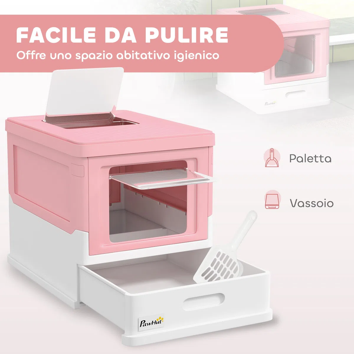 PawHut Lettiera per Gatti Chiusa in PP con Paletta Inclusa, Design Pieghevole, Cassetta Igienica per Gatto con Vassoio Estraibile e 2 Porte, 47.5x35.5x36.7 cm, Rosa e Bianco
