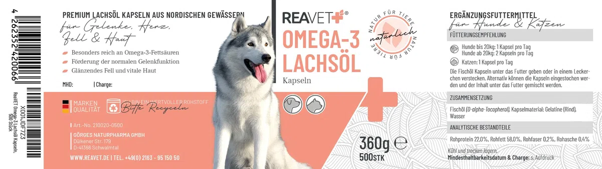 ReaVET Capsule Olio di Salmone Cane 500 Pezzi, Olio Omega 3 Cane I Capsule Olio di Salmone Cane I Olio di Pesce ad Alta Dose Cane in Grado Alimentare