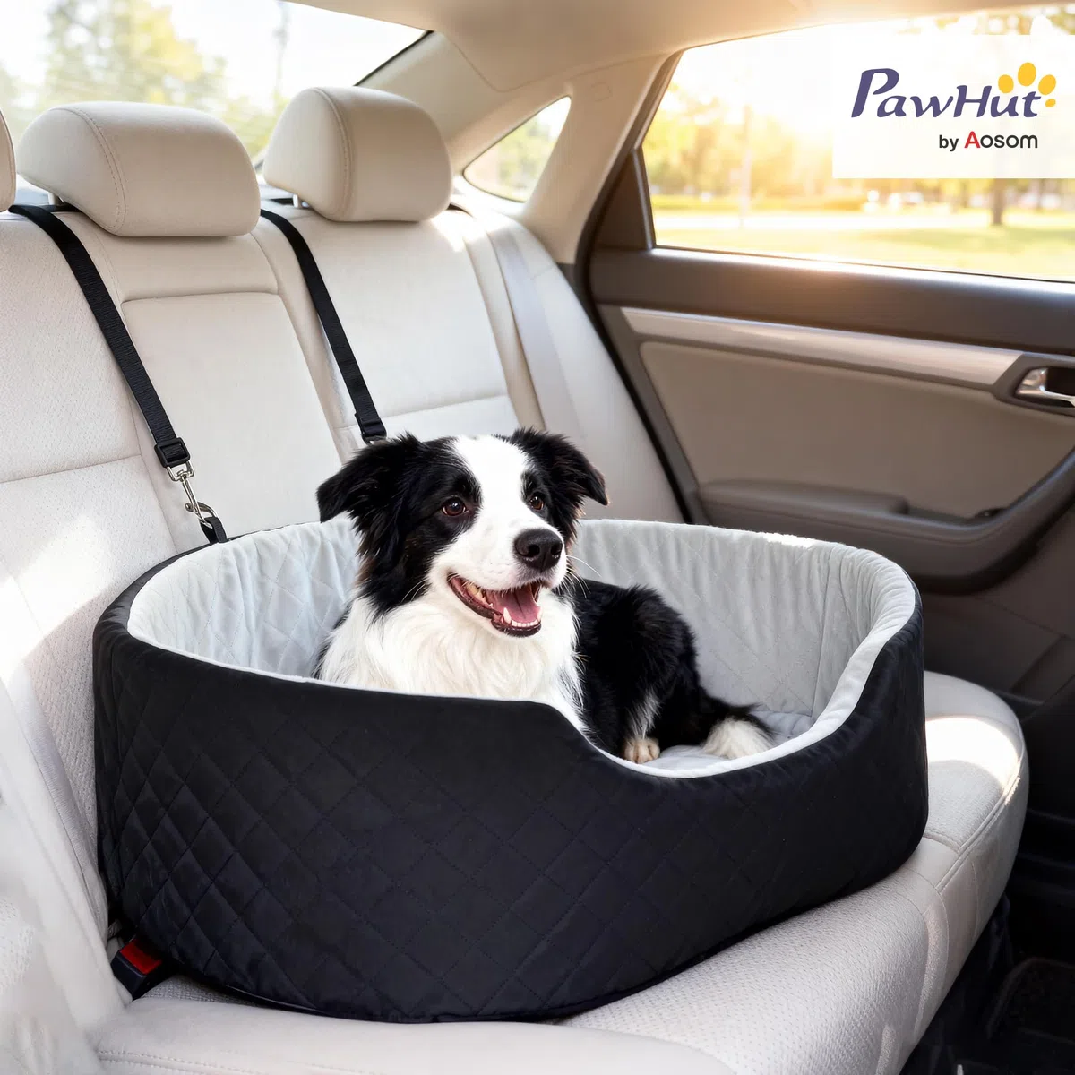 PawHut Seggiolino per cani con cintura di sicurezza e attacco, comodo seggiolino imbottito per cani fino a 15 kg, trasportino rimovibile, nero
