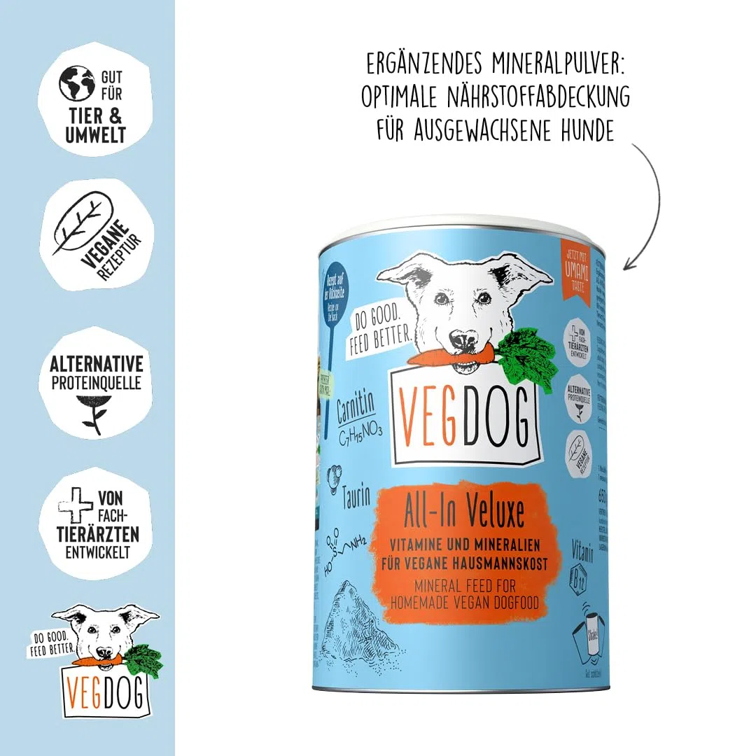 VEGDOG All-In Veluxe Polvere minerale ipoallergenica (650 g) | Da cucinare da te per cani | Integratore alimentare per chi soffre di allergie