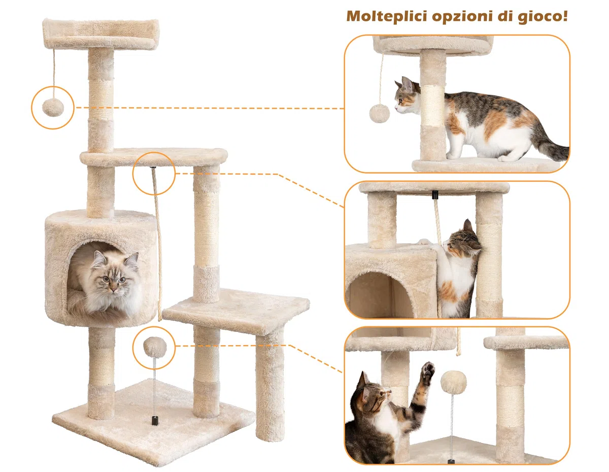 HOMIDEC Tiragraffi per Gatti,112cm Multifunzionale Alberi Tiragraffi Stabile con 4 Pali in Sisal,3 Piattaforme e 1 Cuscino per Albero Gatti Ideale per Gioco e Relax-Beige