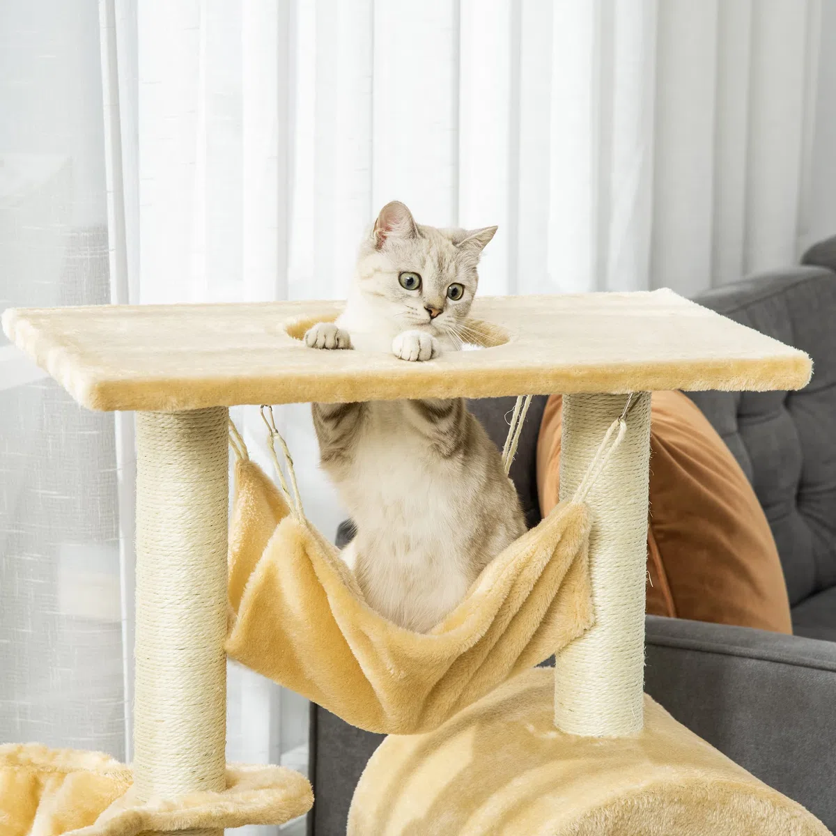 PawHut Albero Tiragraffi per Gatti Multilivello con Amaca e Casetta, Corde in Sisal Naturale, Beige, Altezza 98cm