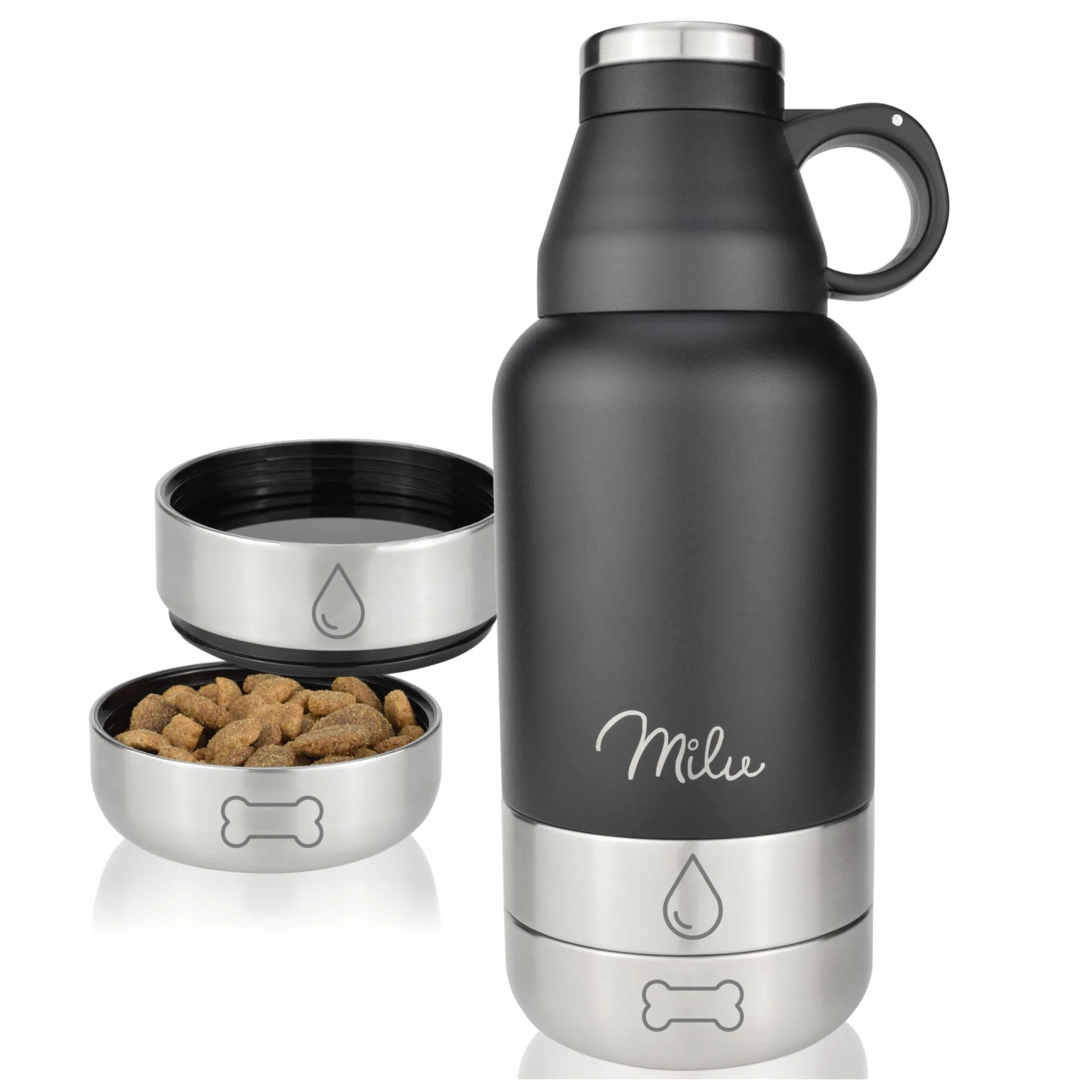 Milu Borraccia per cani da viaggio, 950 ml, con ciotola, isolata, in acciaio inox, per cani, con contenitore per cibo, ciotola, cane, escursionismo, viaggi, passeggiate
