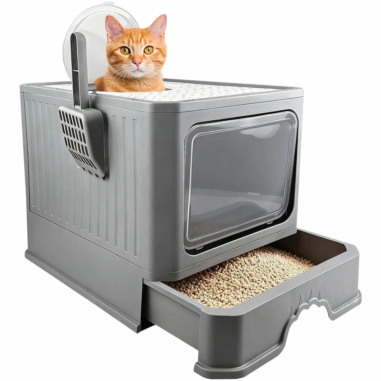 Lettiera Gatto Chiusa Grande Antiodore, Toilette per Gatti, Cassetta Gatto, Lettiere per Gatti Chiuse, Lettiera con Cassetto Setaccio, con Paletta (Grigio)