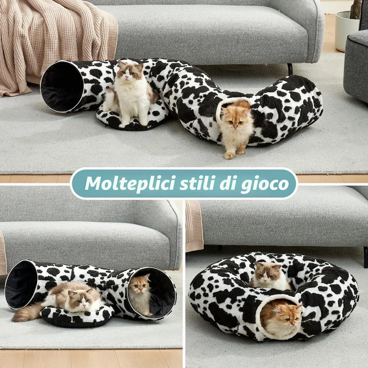 COZY KISS Tunnel per Gatti Interni con Letto, Tunnel con Due Entrate, Cuccia Con Cuscino Lavabile, Peluche Morbida, Interattivo per Cuccioli/Gattini/Conigli (Bianco & Nero, 85D)