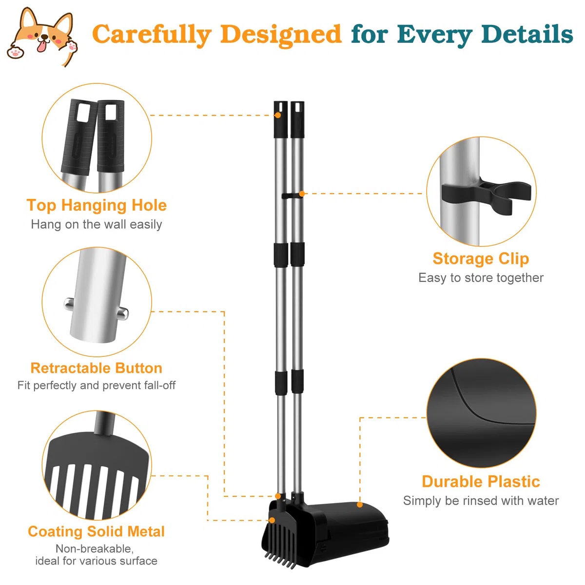 VavoPaw Palette per Escrementi Telescopico, 85CM Paletta Raccogli Cacca Cane Raccogli Feci Cane con 20 Sacchetti per Rifiuti, Raccogli Escrementi Portatile con Manico Lungo per Giardino Prato, Nero