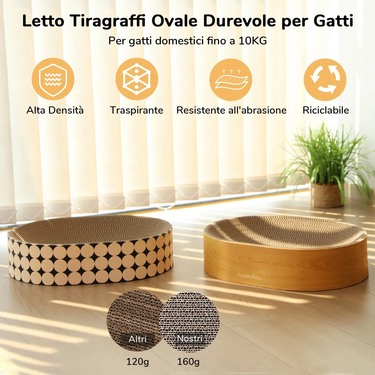 FUKUMARU Tiragraffi per Gatti in Cartone, Letto Graffiatoio Ovale per Gatti da Interno, Tiragraffi Moderno e Resistente a Forma di Cuccia, Protettore per Mobili da Graffiare, Stampa a Pois
