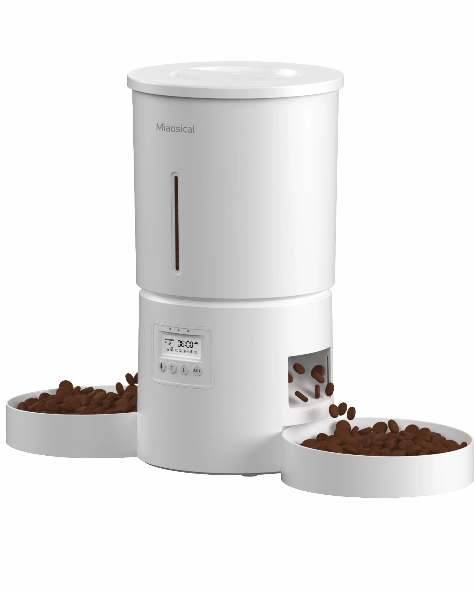 Miaosical distributore automatico cibo gatti con doppia ciotola per 2 gatti, gattini e cani di piccola taglia dispenser di cibo (nero, 4.2L+base 2 ciotole)