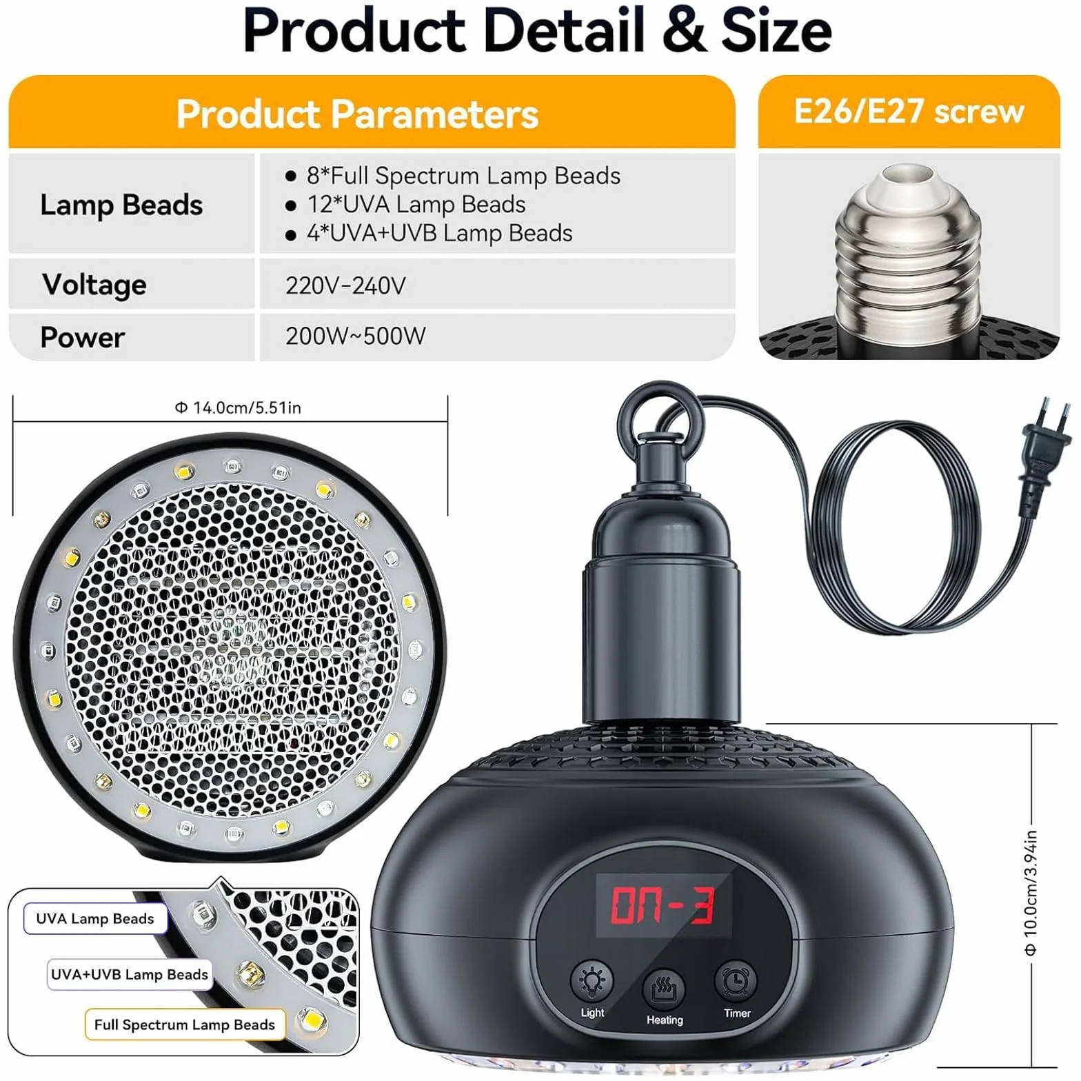 Lampade Riscaldanti per Pollaio, Lampada Riscaldante da 200 W-350 W-500 W per Rettili con Luce UVA/UVB 3-6-9-12H Timer, Lampada Riscaldante Portatile per Serre, Rettili, Cani e Gatti