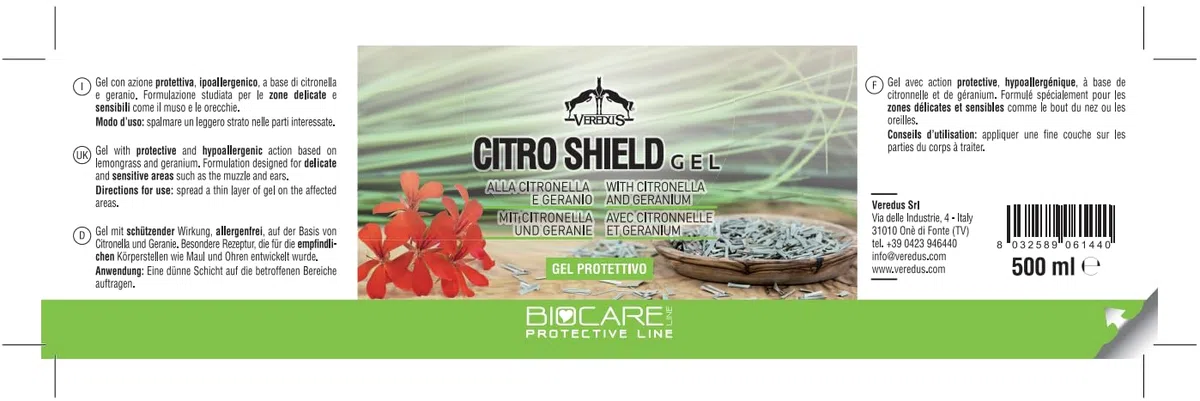 Veredus, Citro Shield Gel, Gel con azione protettiva alla citronella e geranio, studiato per le zone sensibili e delicate del cavallo - 1 barattolo da 500ml