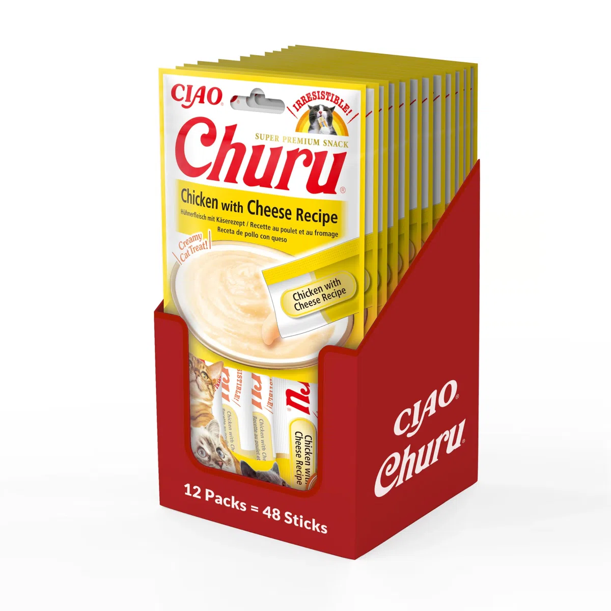 INABA Churu Snack per Gatti Cremoso con Pollo e Formaggio - 12 Pack (48 Stick x 14gr) - Cibo per Gatti da Leccare, Sano e Delizioso - Snack Gatto Senza Conservanti o Coloranti Artificiali, Grain-Free