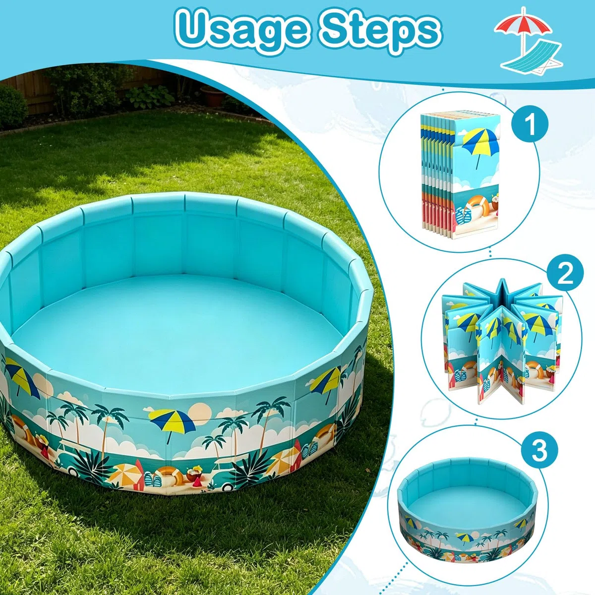 Piscina Pieghevole, 90x90x45CM,Vasca in PVC Resistente, Fondo Antiscivolo, Non Necessita di Gonfiaggio, Drenaggio Rapido, Adatto per Giardini, Camere da Letto e Terrazze